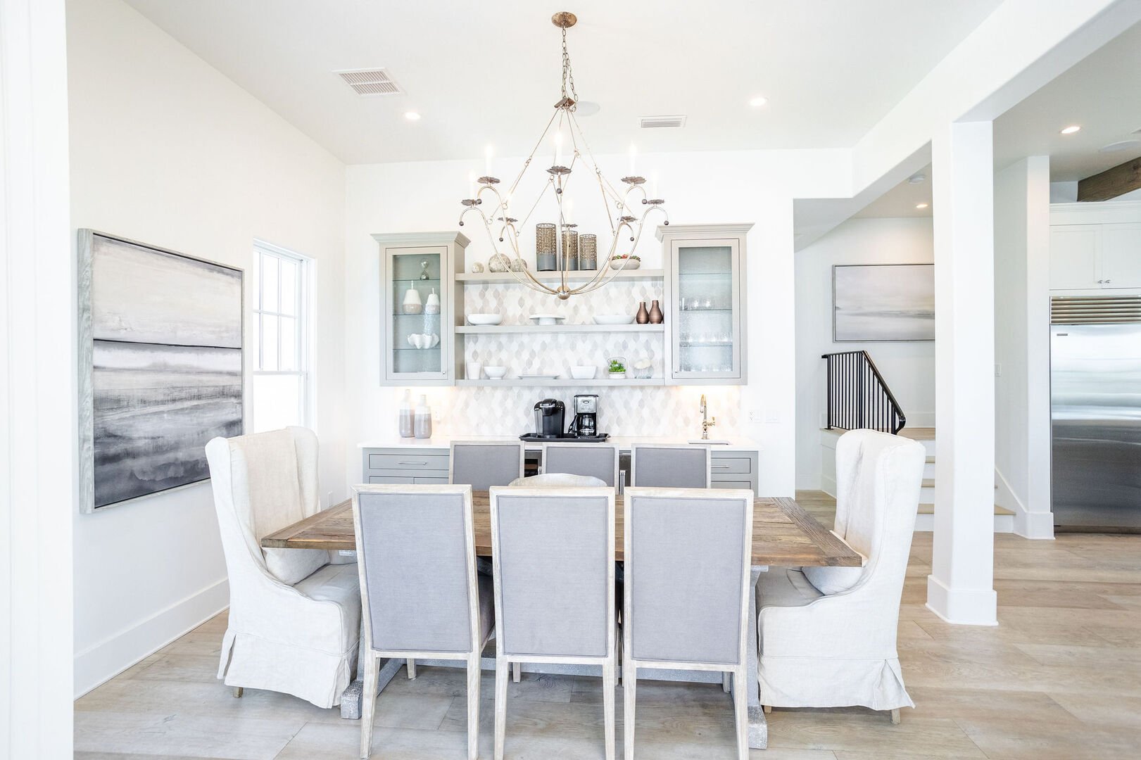 Dining room area has 8 seats.