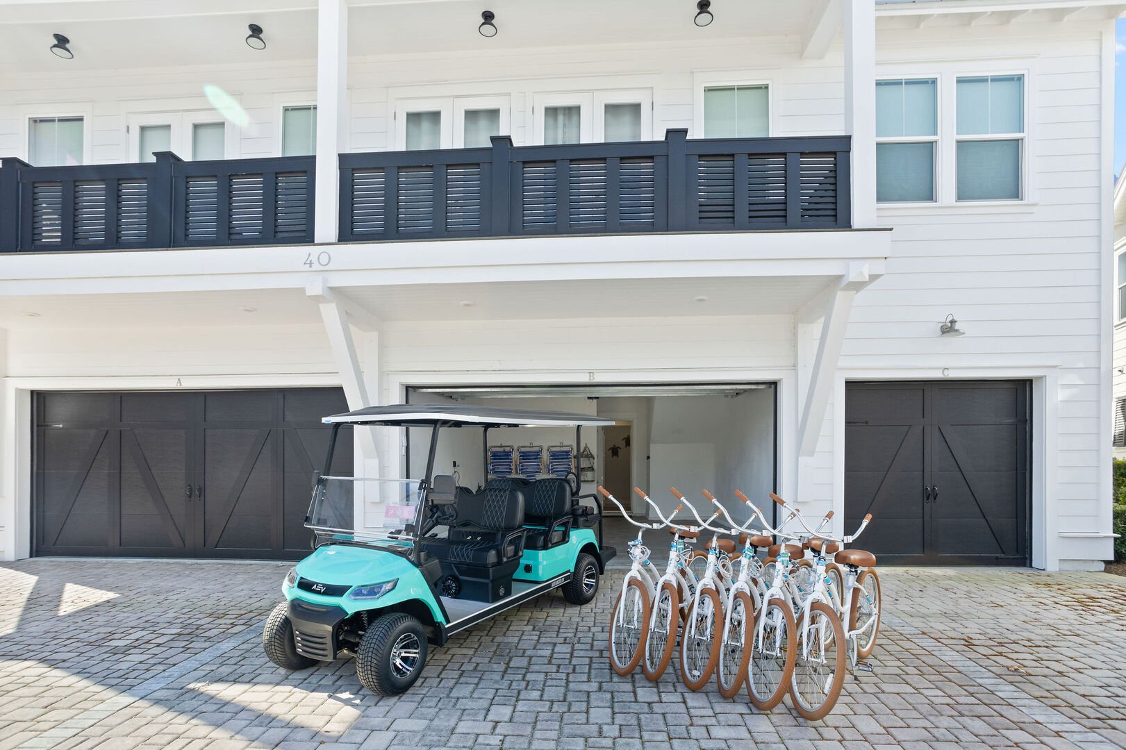 Home features a 6 seater golf cart and 6 adult bikes!