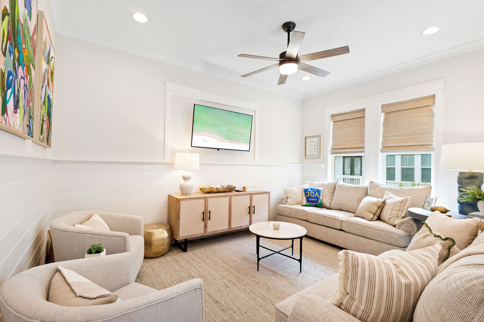 Living room features a queen sleeper sofa.