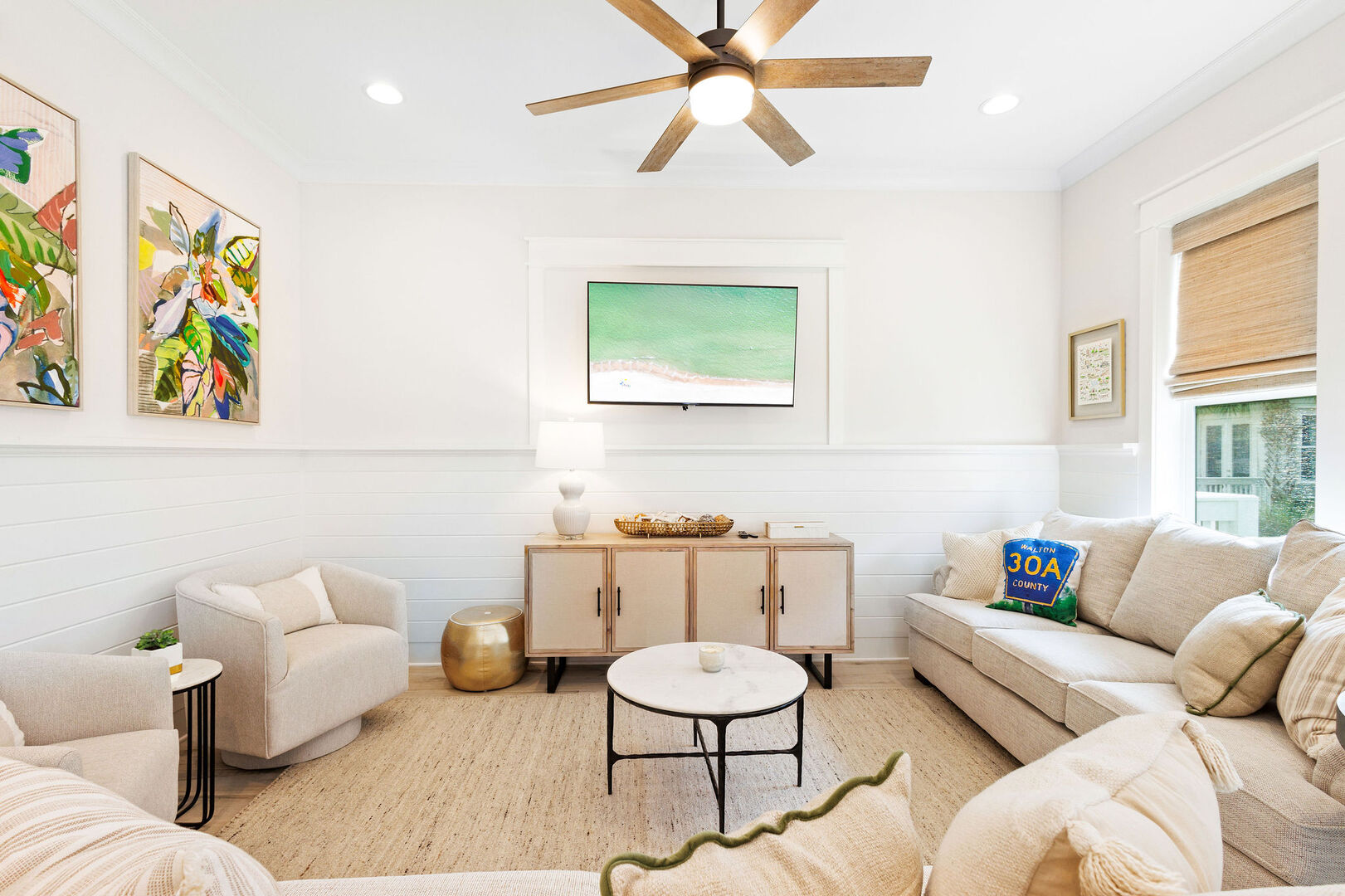 Living room features a smart tv.