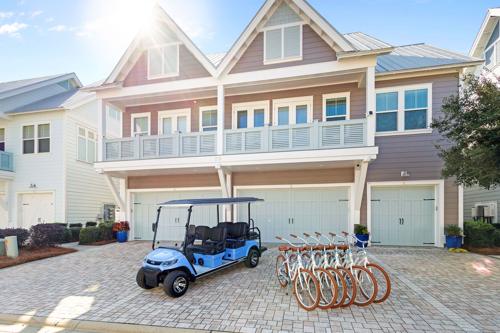Home features a 6 seater golf cart and 6 adult bikes!