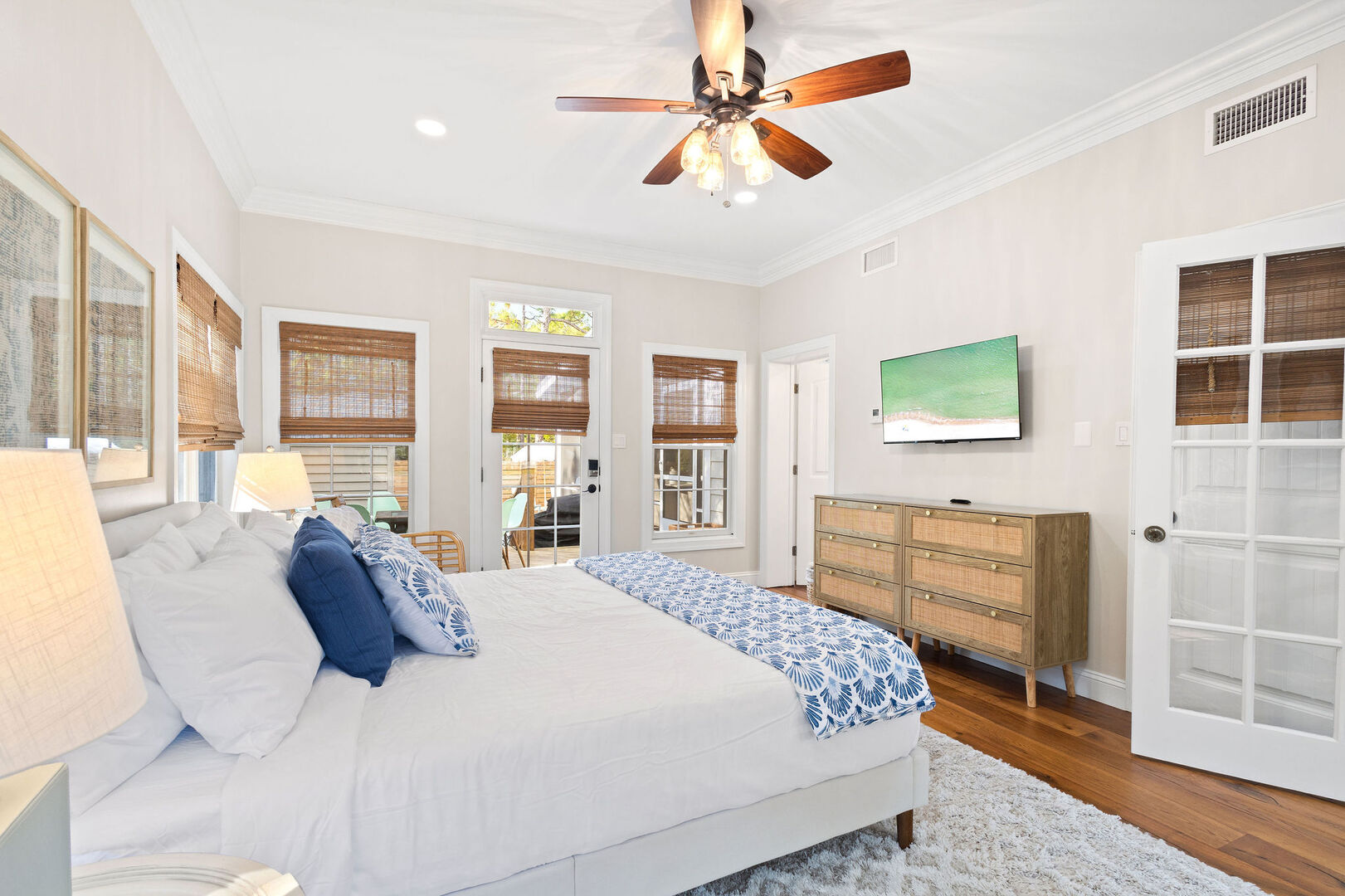 Bedroom features a smart tv to wind down at night.