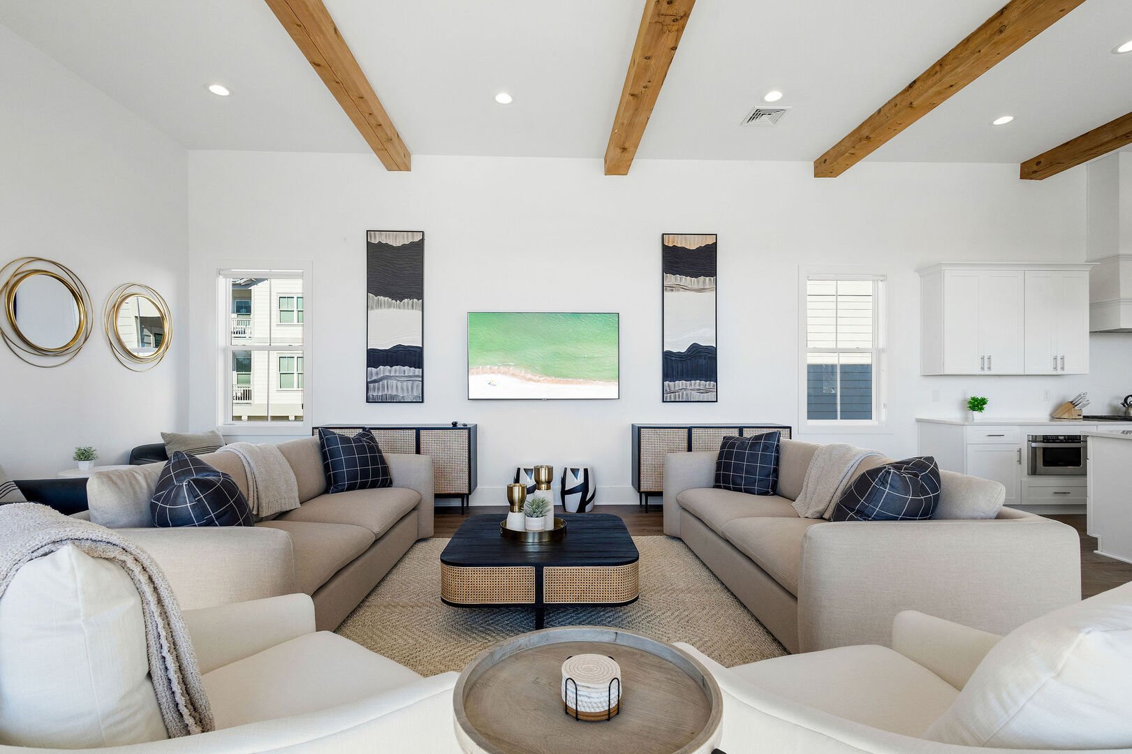 Living area features ample seating for all and a smart tv.