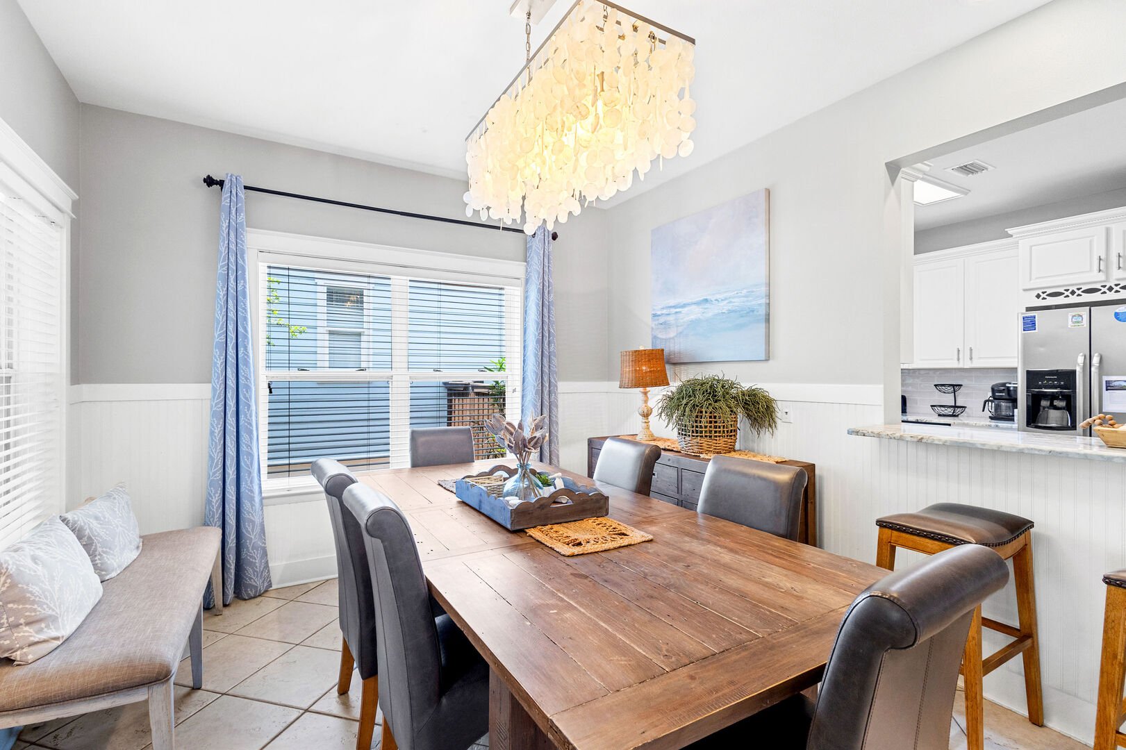 Large dining room table features seating for 6.