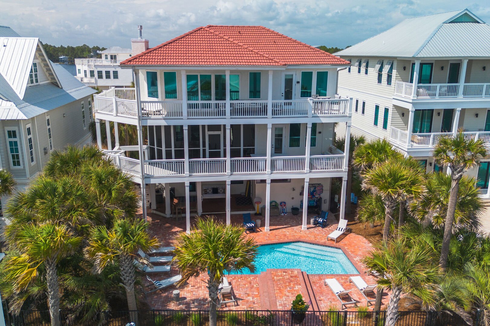Private pool and multiple balconies.
