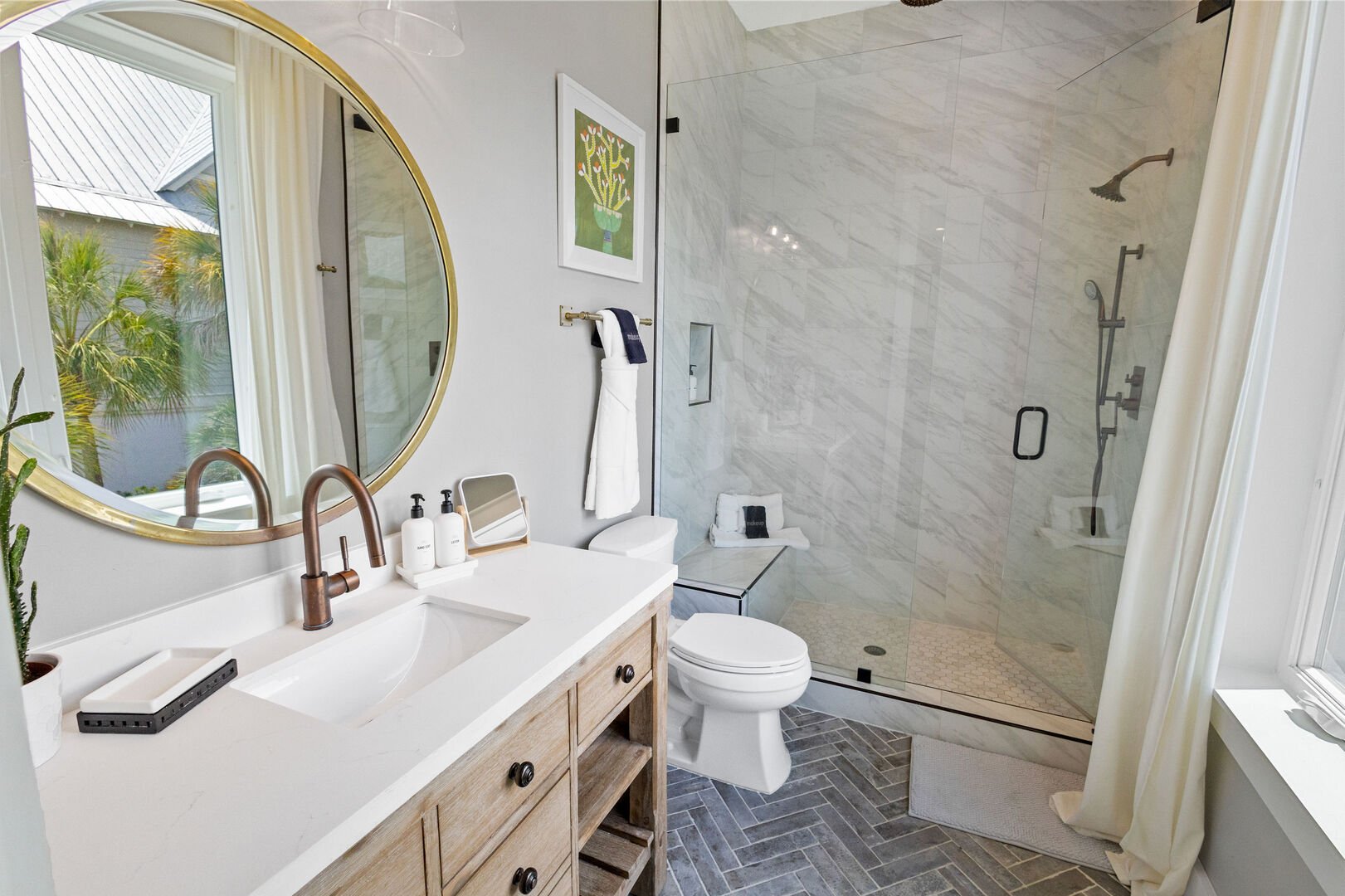 Carriage house bathroom features a walk-in shower.