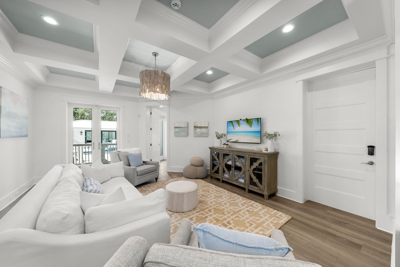 First floor living space features seating and a smart tv. Perfect for unwinding before bed.