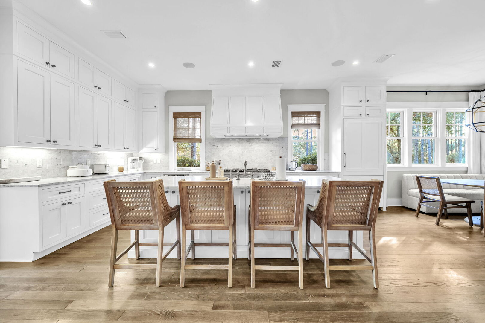 Large island includes seating for four.